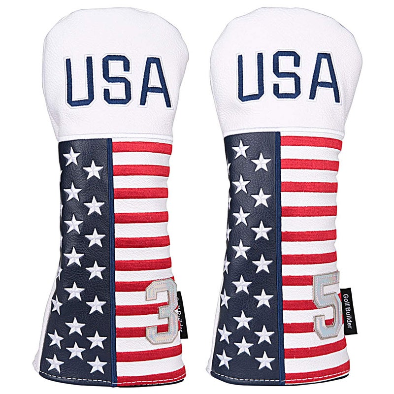 Golf Builder 2pcs/Set USA Stars and Stripes Golf Club Fairway Wood Head Covers White Leather USA 3 5 Wood Covers - Image 1